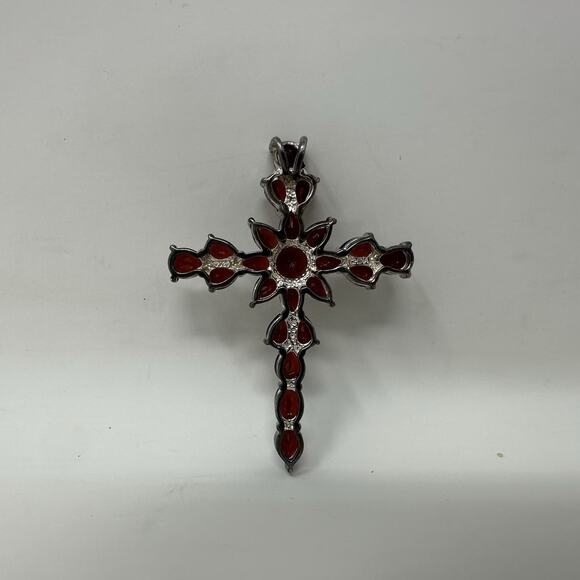 Sterling Silver 925 Red Garnet Cross Pendant - Picture 2 of 4